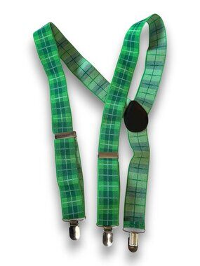Vintage Style Green Plaid Tartan Suspenders Y Back Elastic Adjustable Gents Brac